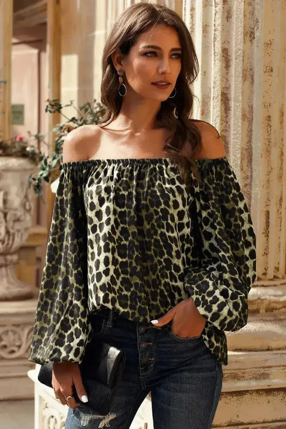 Leopard Print Long Sleeve Elastic Neck Off Shoulder Top | Femstylo