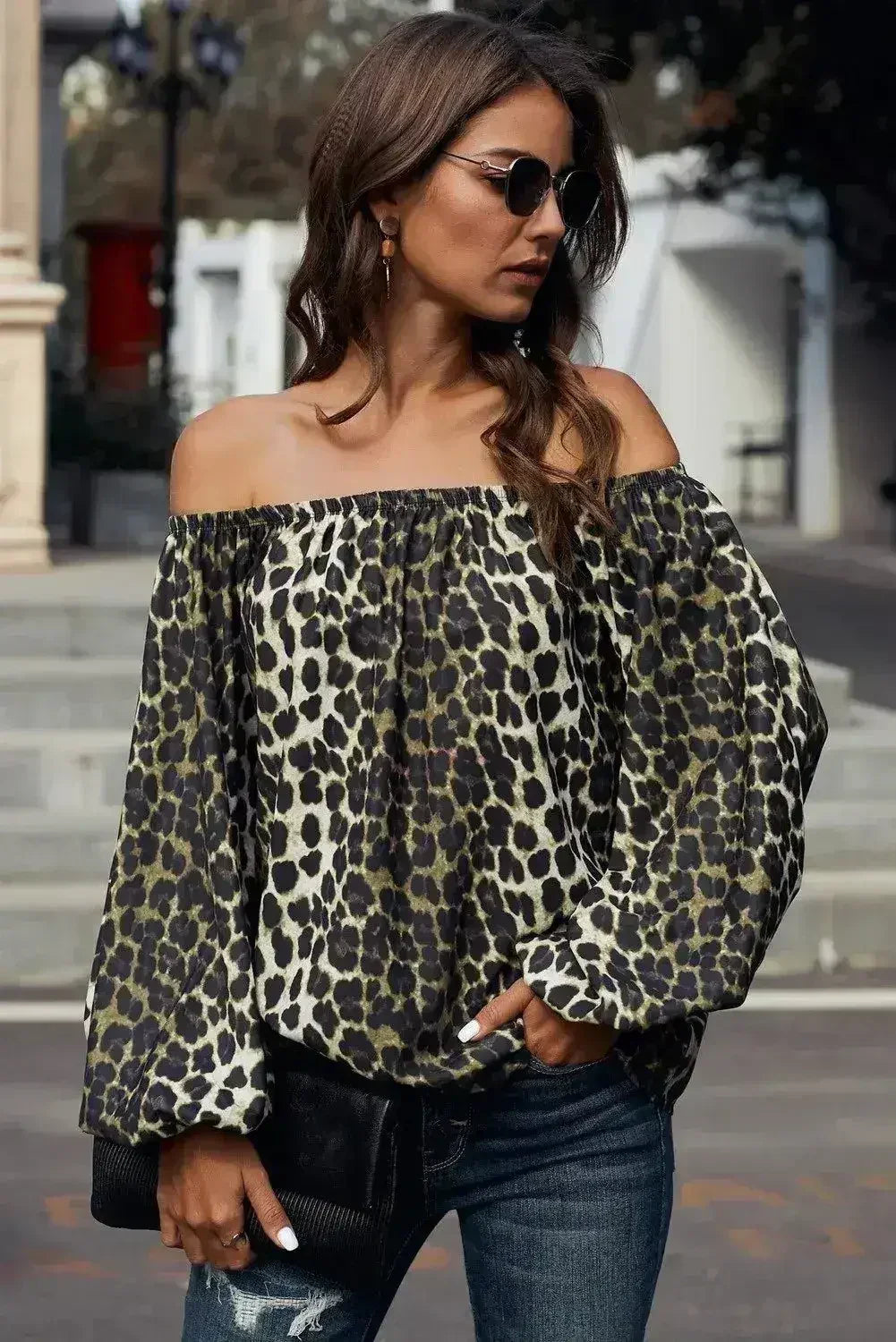 Leopard Print Long Sleeve Elastic Neck Off Shoulder Top | Femstylo