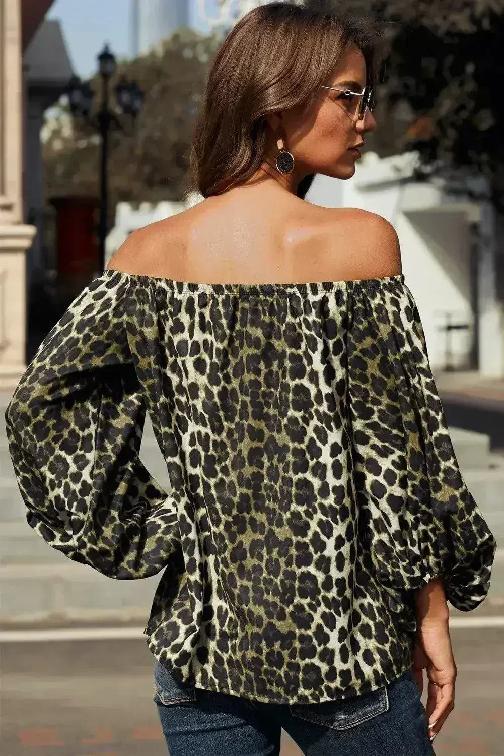 Leopard Print Long Sleeve Elastic Neck Off Shoulder Top | Femstylo