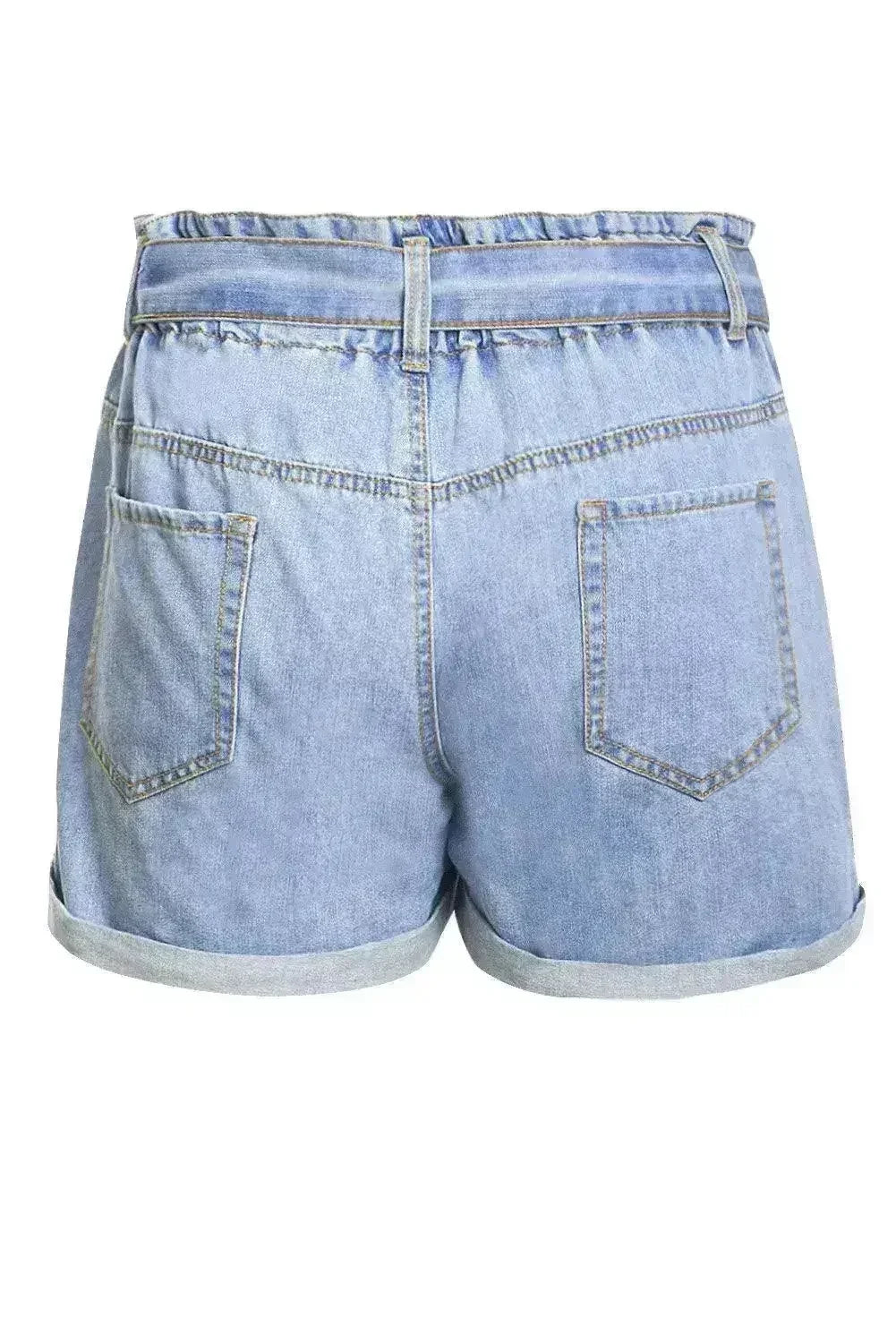 Women Light Blue Roll Hem Paper Bag Waist Denim Shorts