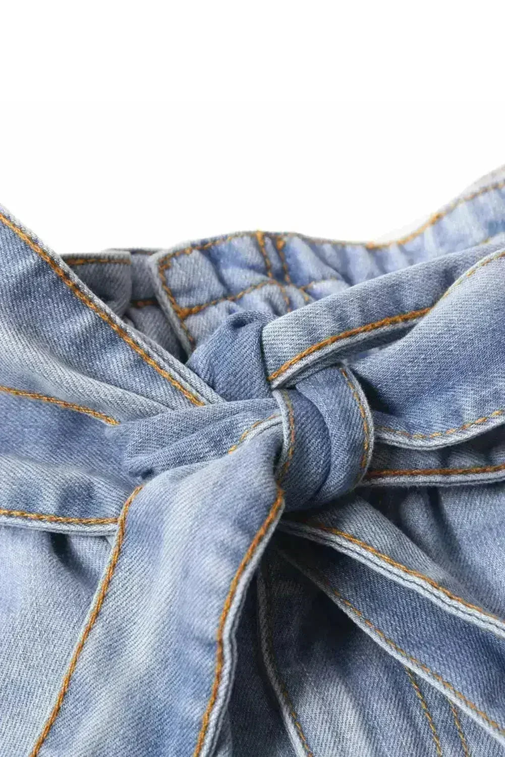 Women Light Blue Roll Hem Paper Bag Waist Denim Shorts