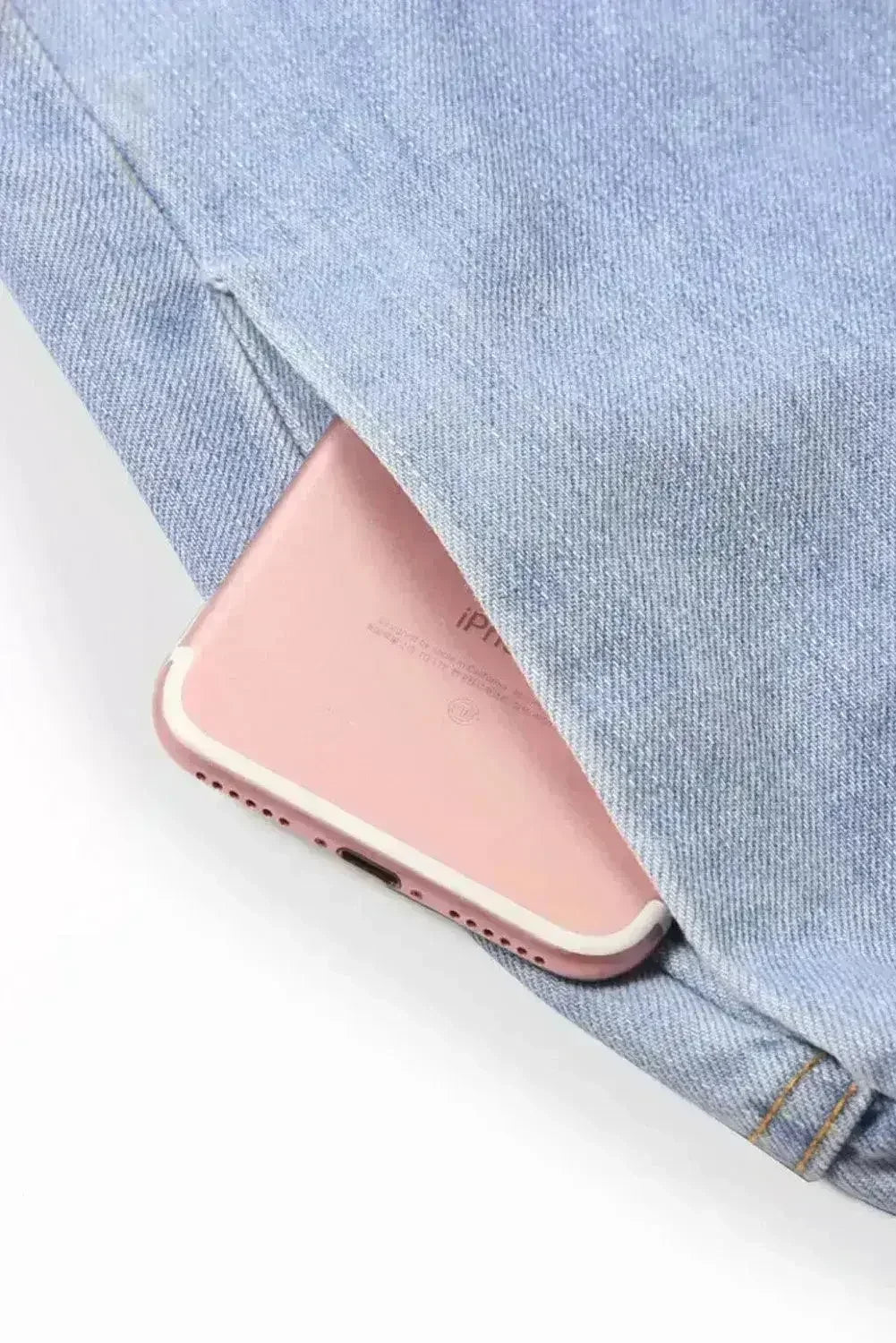 Women Light Blue Roll Hem Paper Bag Waist Denim Shorts