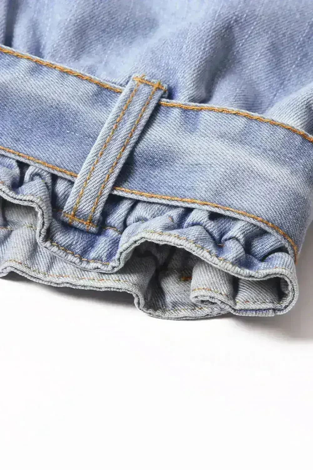 Women Light Blue Roll Hem Paper Bag Waist Denim Shorts