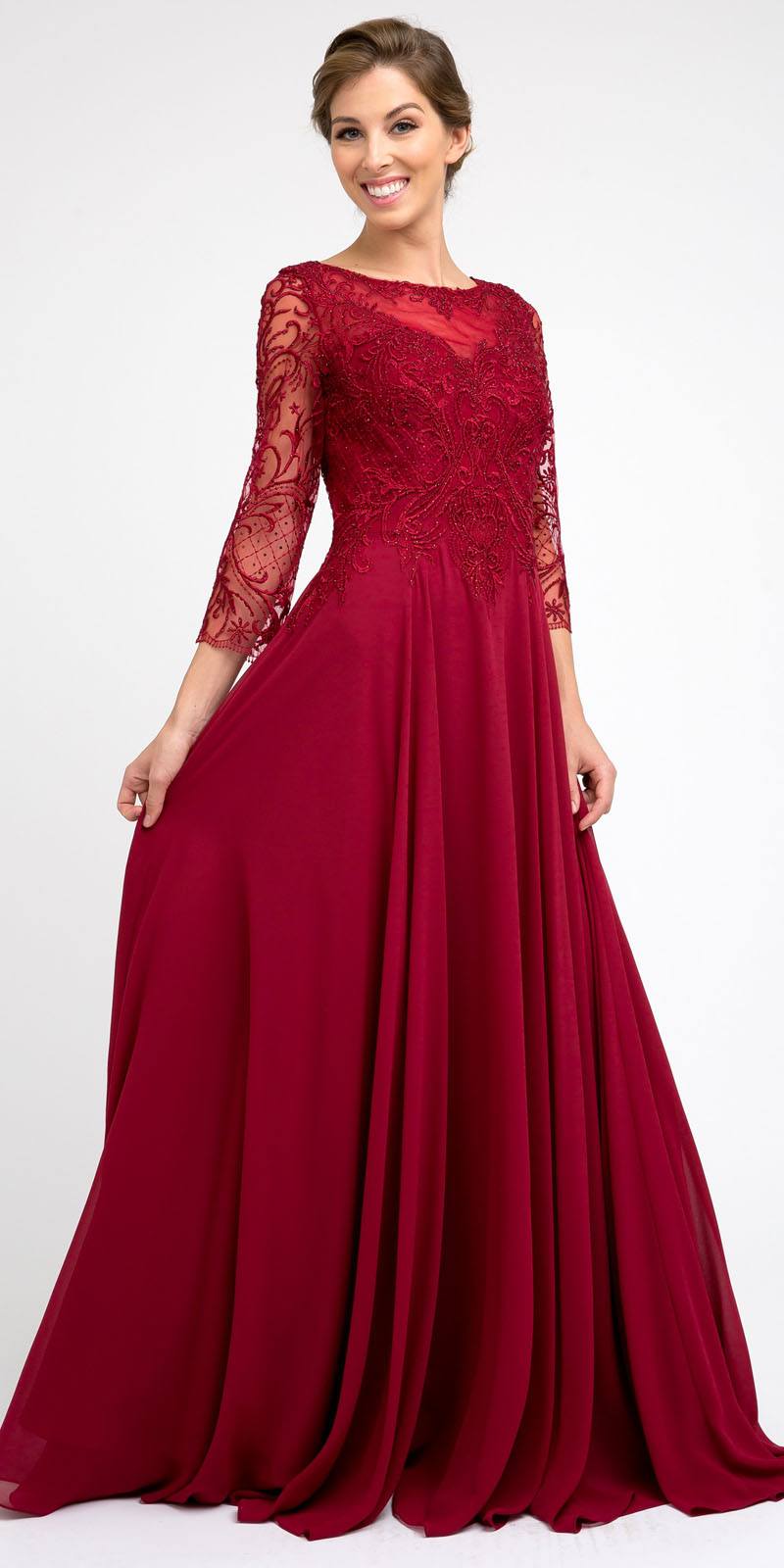 Juliet M11 Appliqued Long A-Line Dress Chiffon Quarter Sleeves