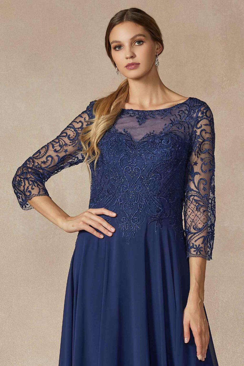 Juliet M11 Appliqued Long A-Line Dress Chiffon Quarter Sleeves