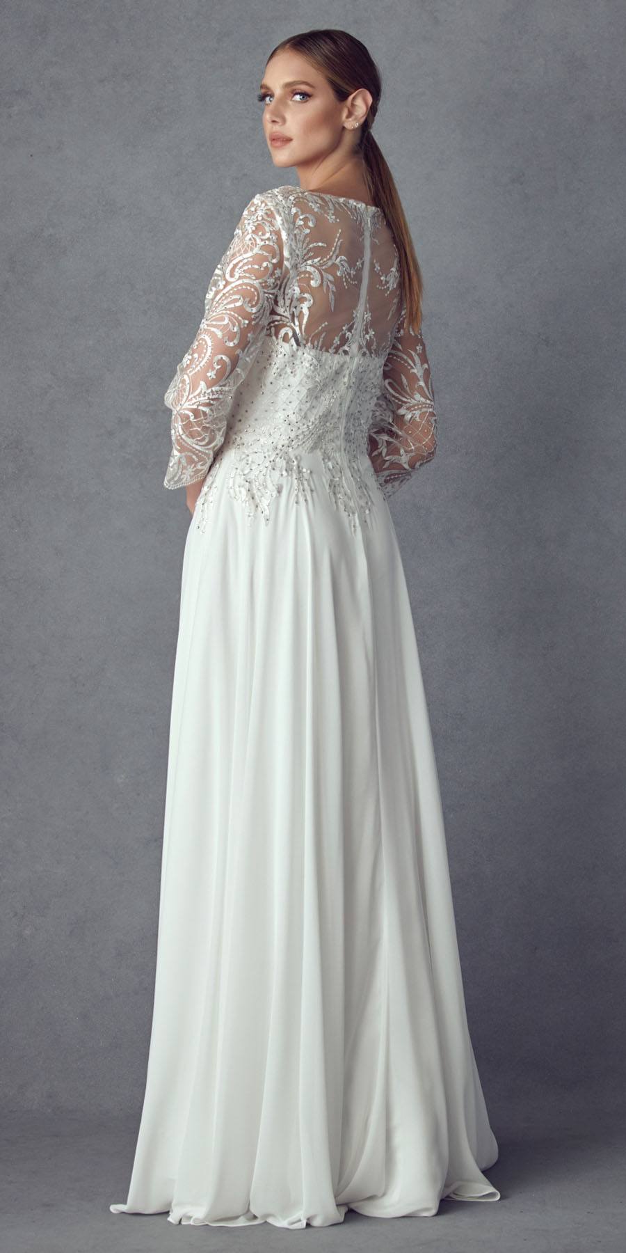 Juliet M11 Appliqued Long A-Line Dress Chiffon Quarter Sleeves