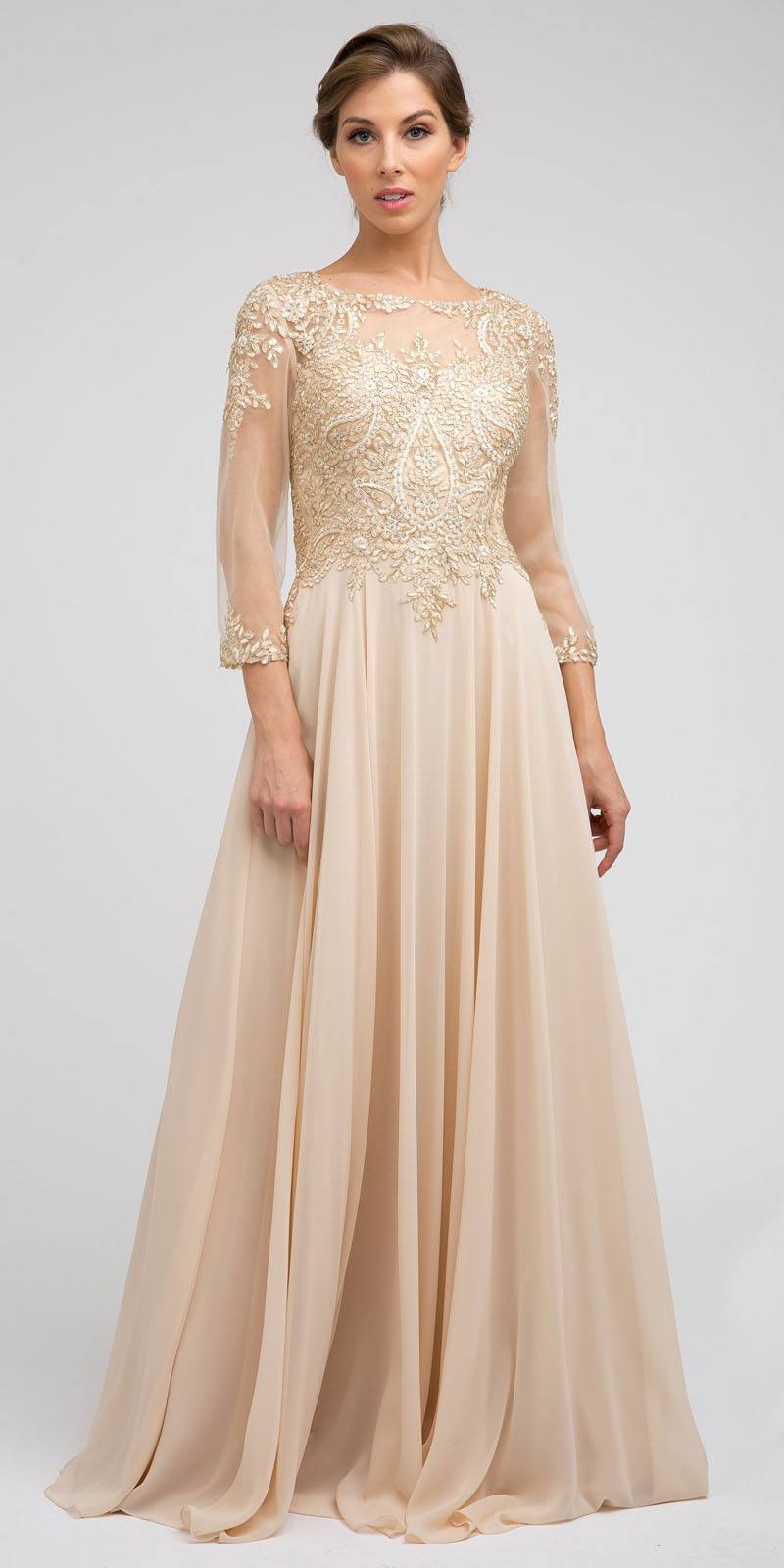 Juliet M12 Quarter Sleeved Embroidered Long A-Line Chiffon Dress