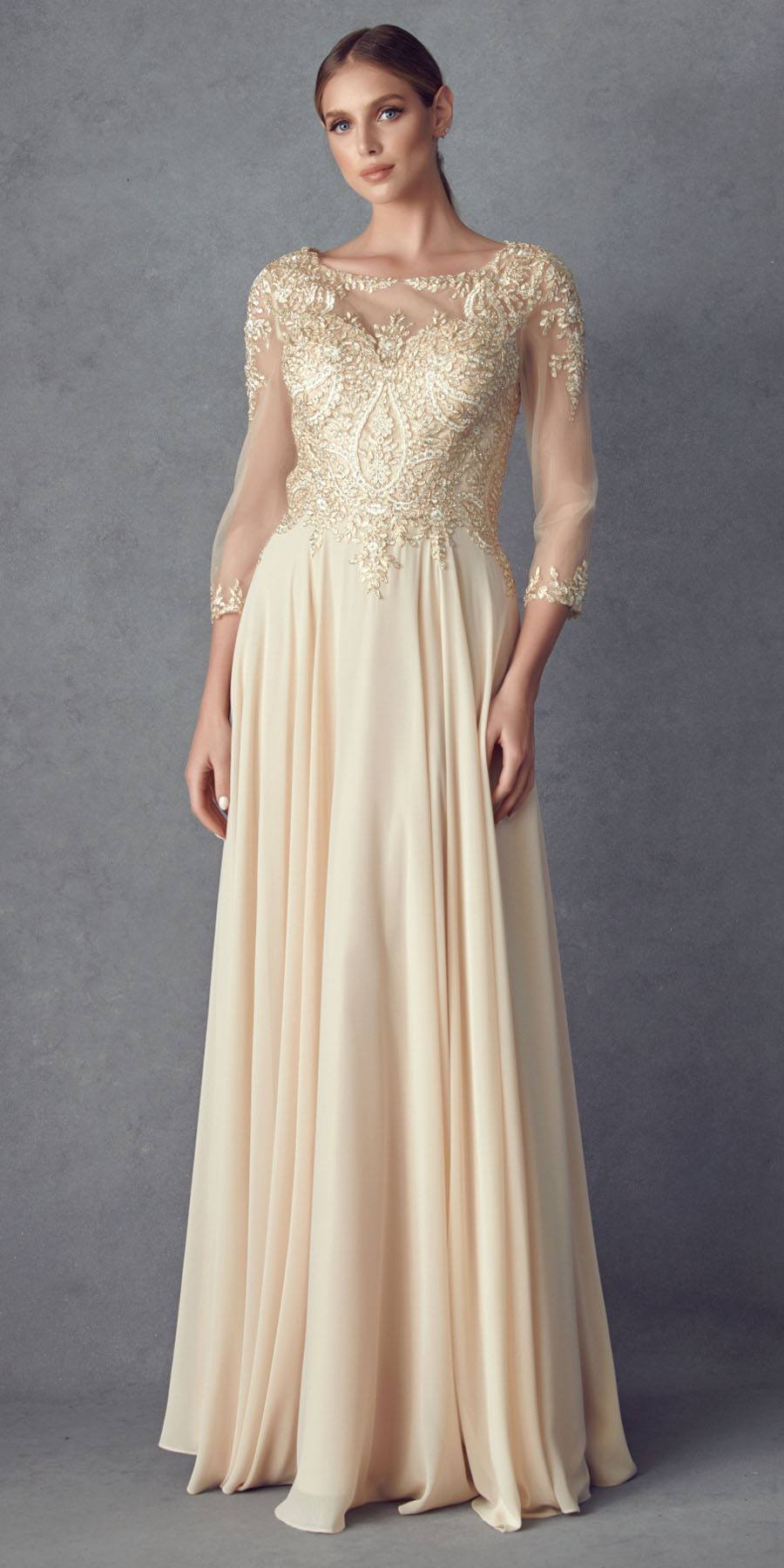 Juliet M12 Quarter Sleeved Embroidered Long A-Line Chiffon Dress