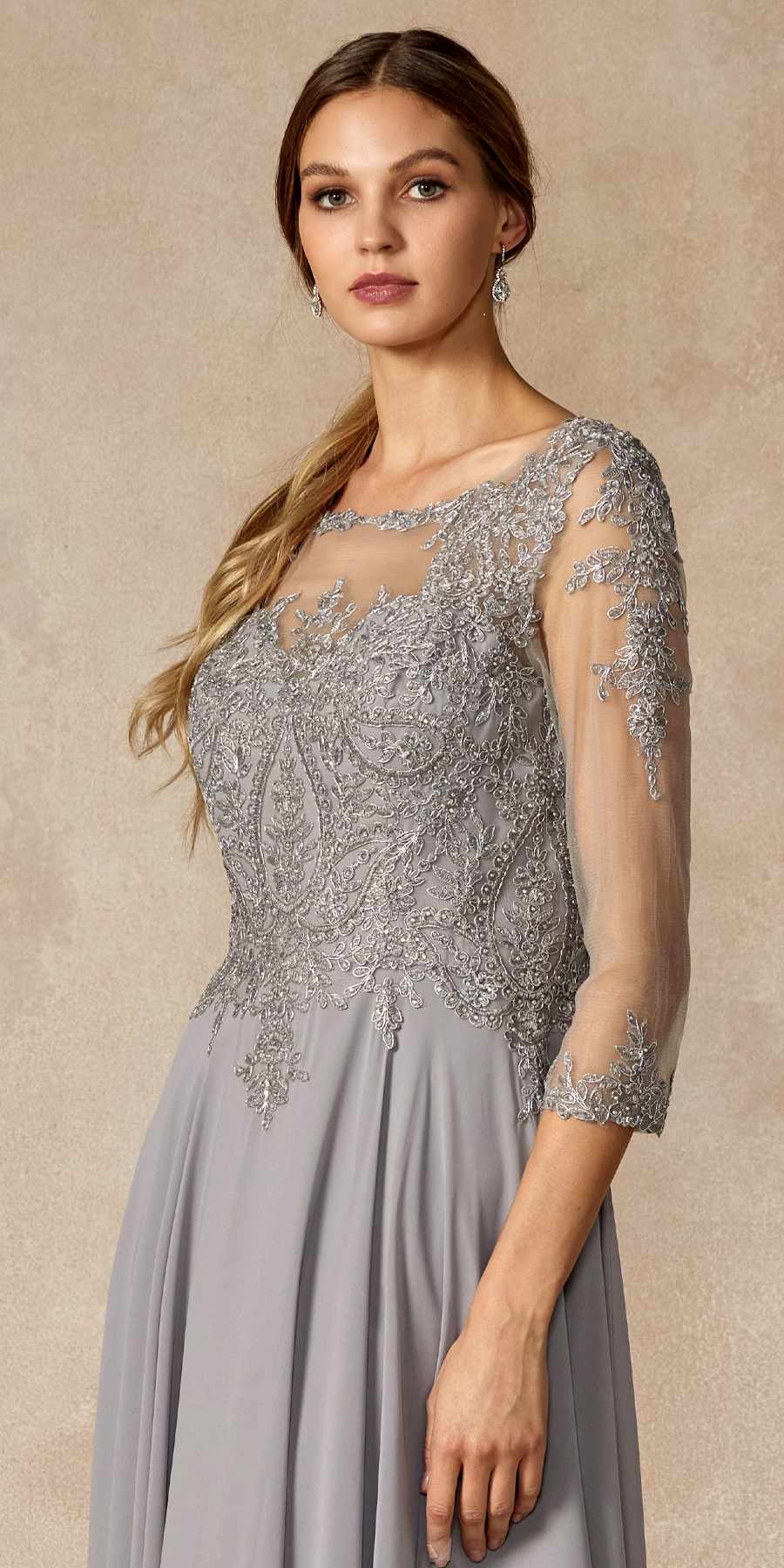 Juliet M12 Quarter Sleeved Embroidered Long A-Line Chiffon Dress