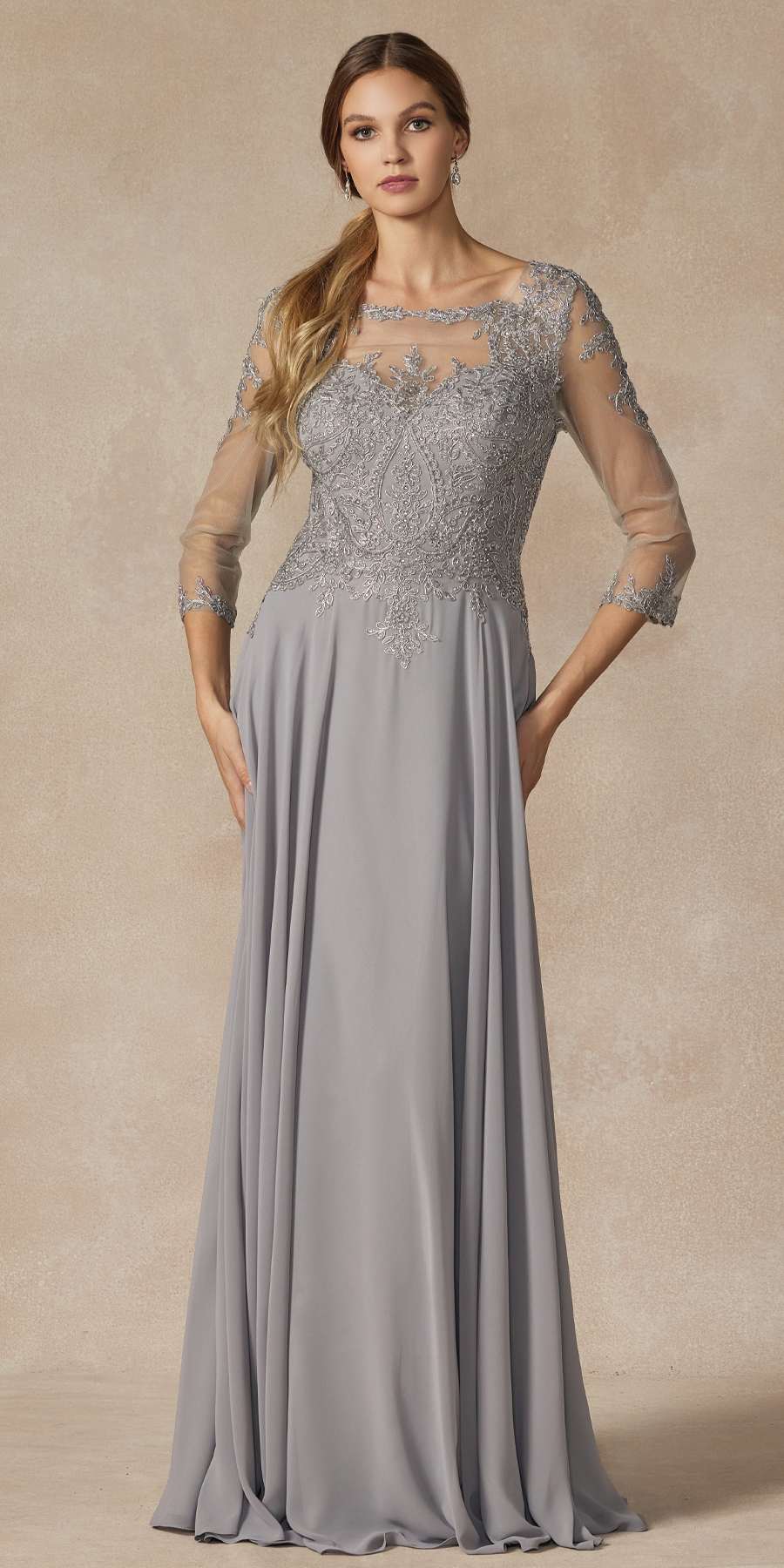 Juliet M12 Quarter Sleeved Embroidered Long A-Line Chiffon Dress