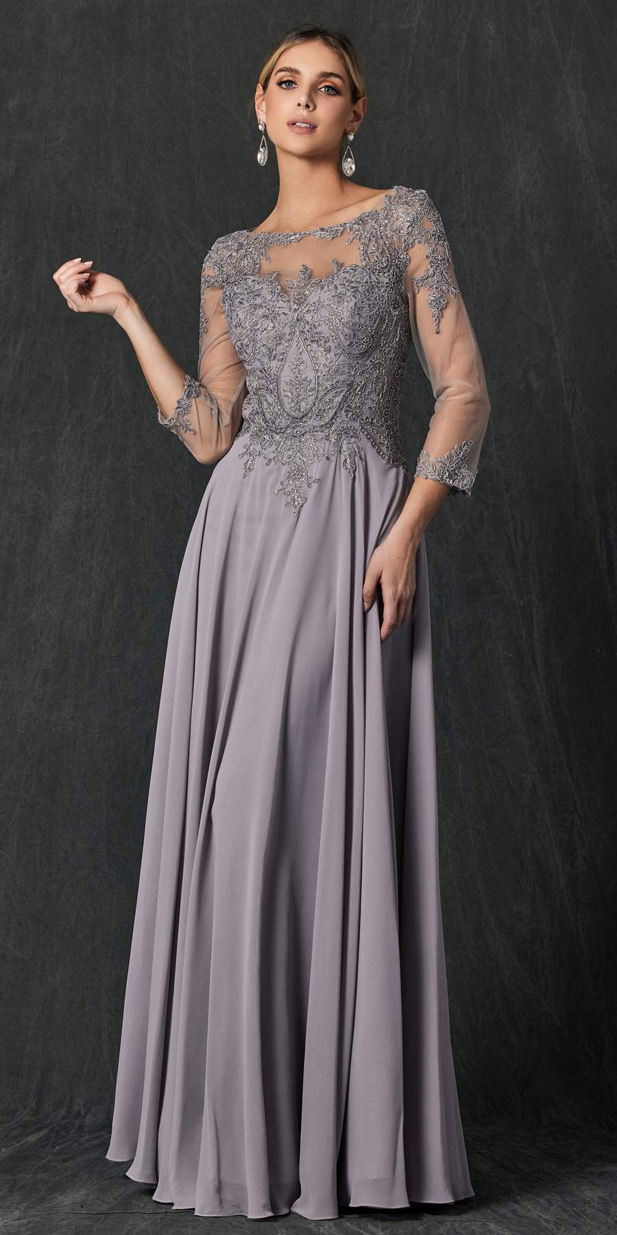 Juliet M12 Quarter Sleeved Embroidered Long A-Line Chiffon Dress