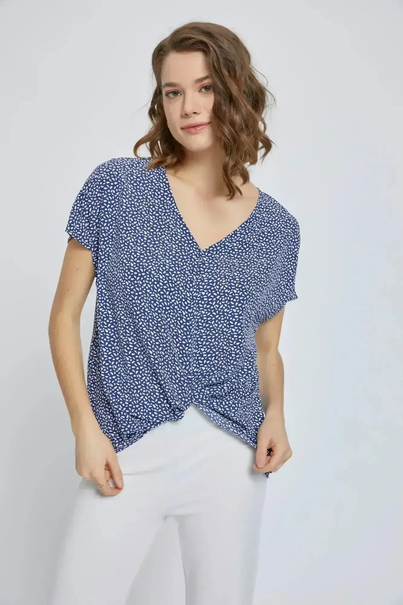 V-Neck Wrap Front Blouse - Knot Detail Short Sleeve Top for Women | Femstylo