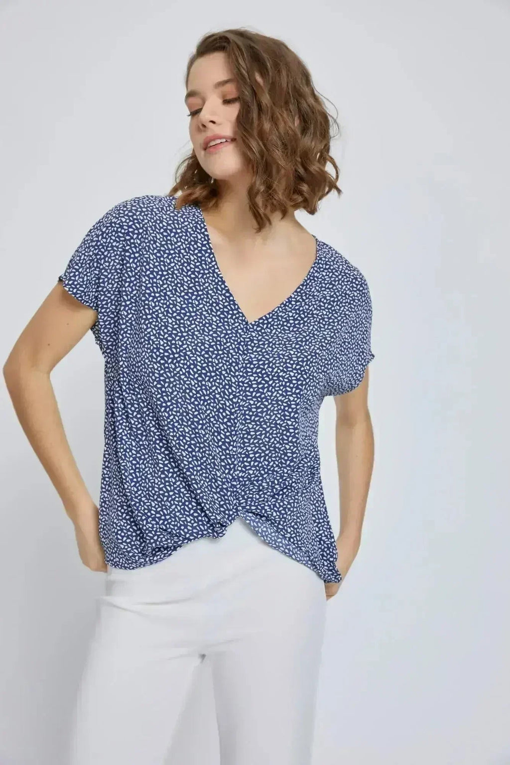 V-Neck Wrap Front Blouse - Knot Detail Short Sleeve Top for Women | Femstylo