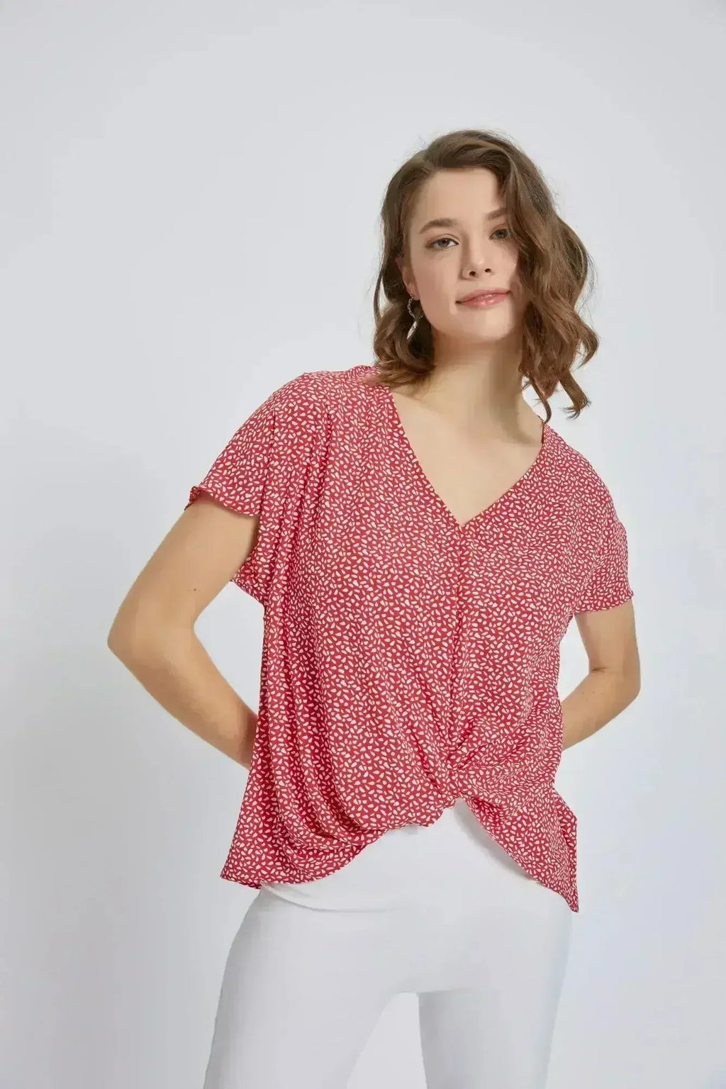V-Neck Wrap Front Blouse - Knot Detail Short Sleeve Top for Women | Femstylo