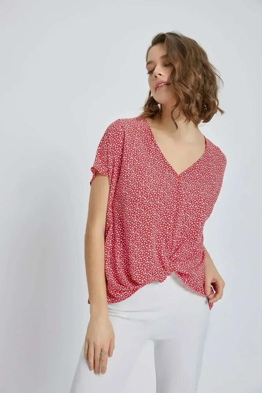 V-Neck Wrap Front Blouse - Knot Detail Short Sleeve Top for Women | Femstylo