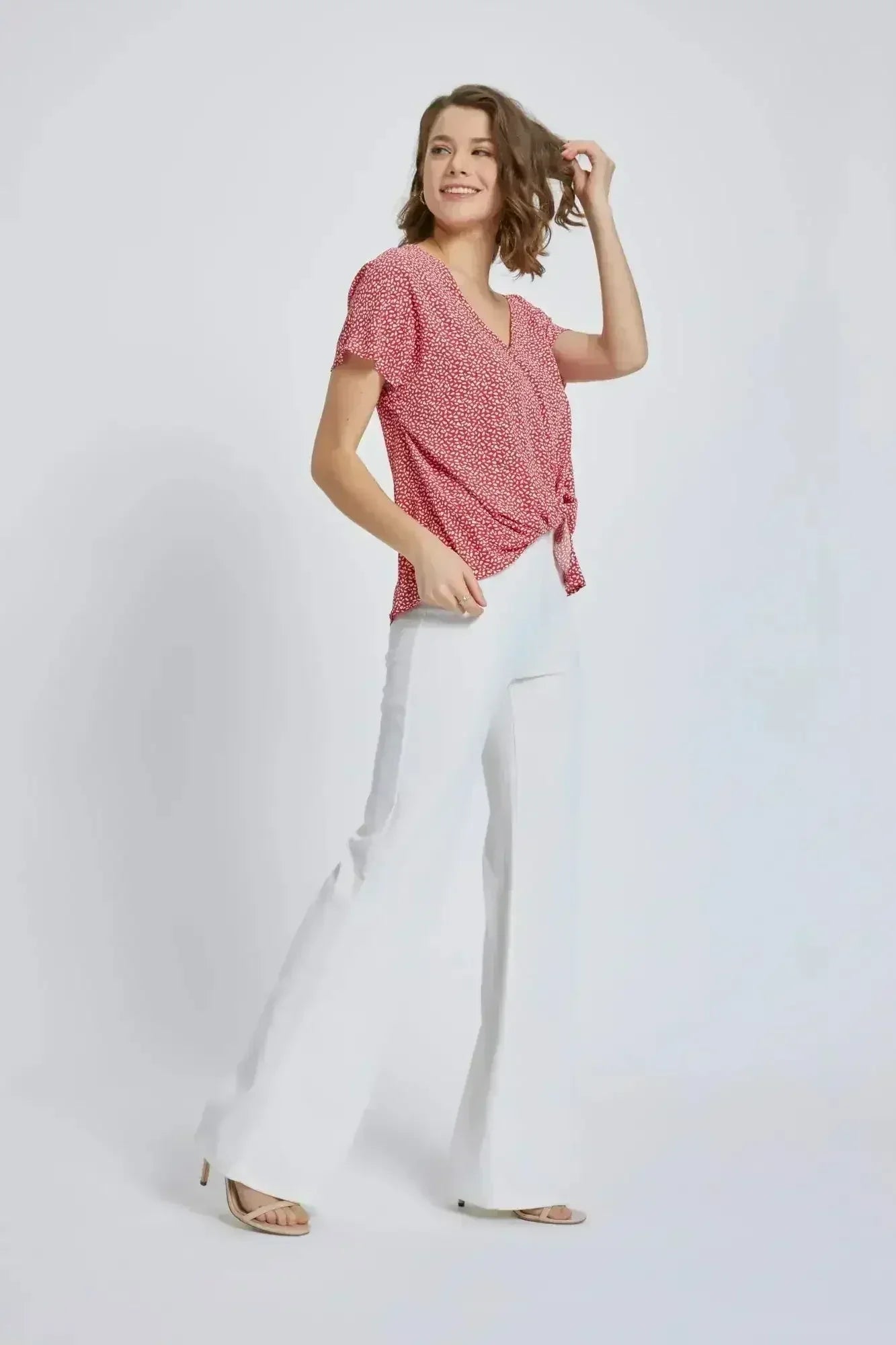 V-Neck Wrap Front Blouse - Knot Detail Short Sleeve Top for Women | Femstylo