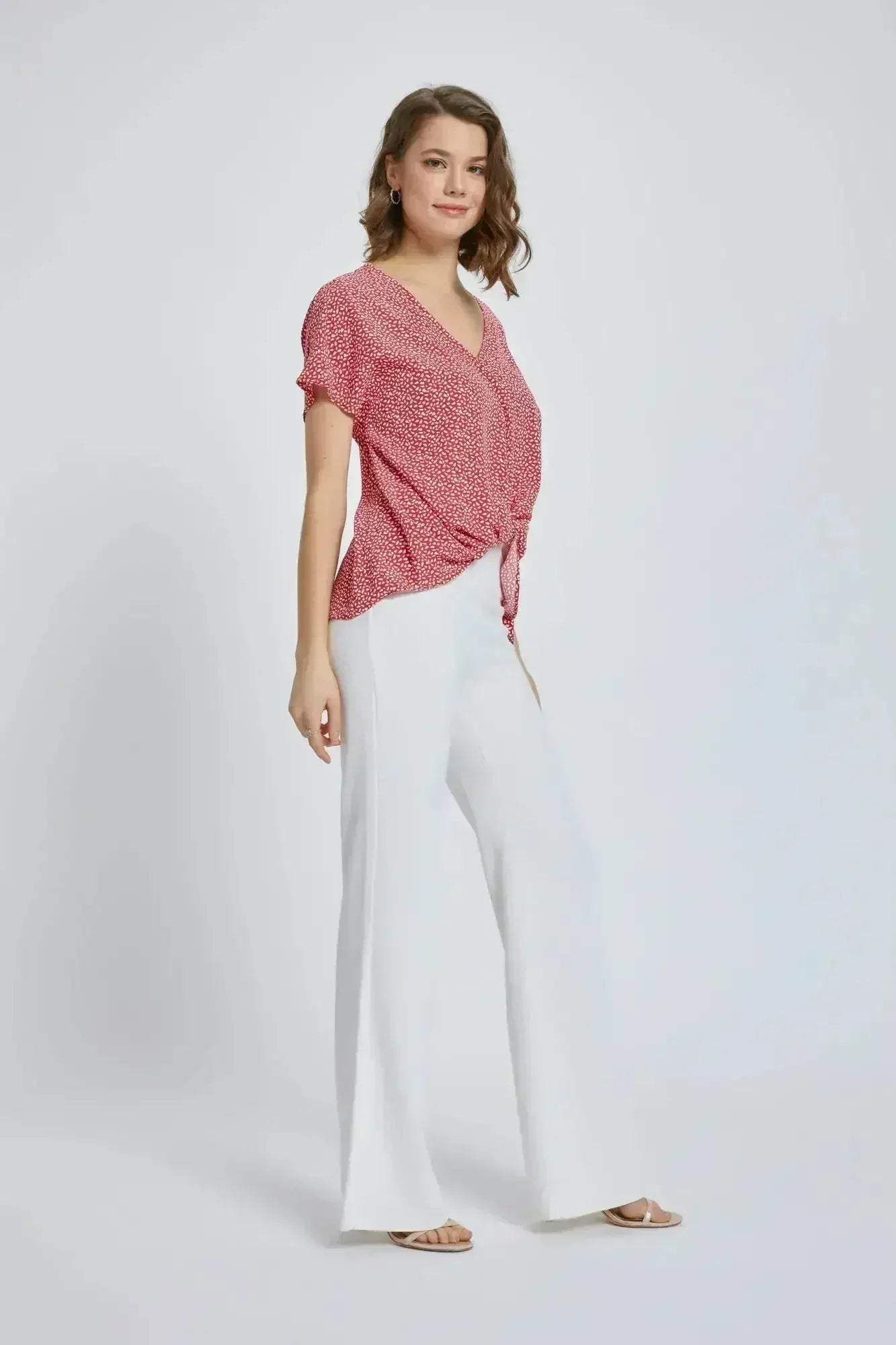 V-Neck Wrap Front Blouse - Knot Detail Short Sleeve Top for Women | Femstylo
