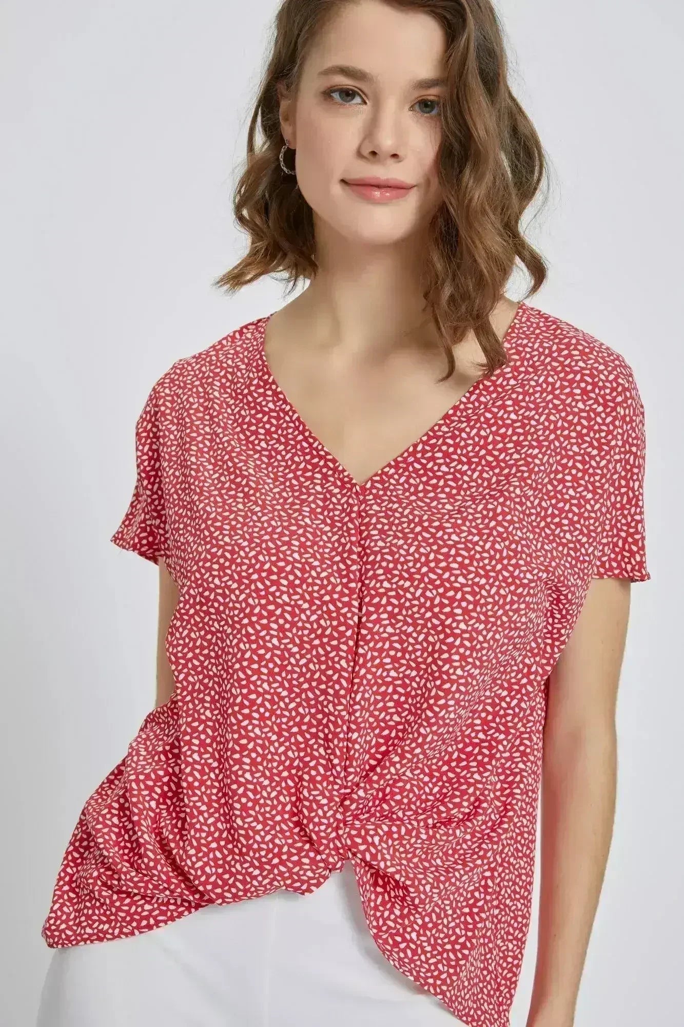 V-Neck Wrap Front Blouse - Knot Detail Short Sleeve Top for Women | Femstylo