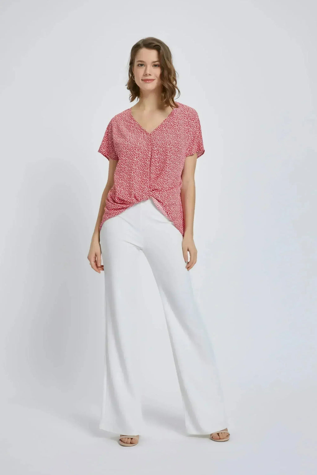 V-Neck Wrap Front Blouse - Knot Detail Short Sleeve Top for Women | Femstylo