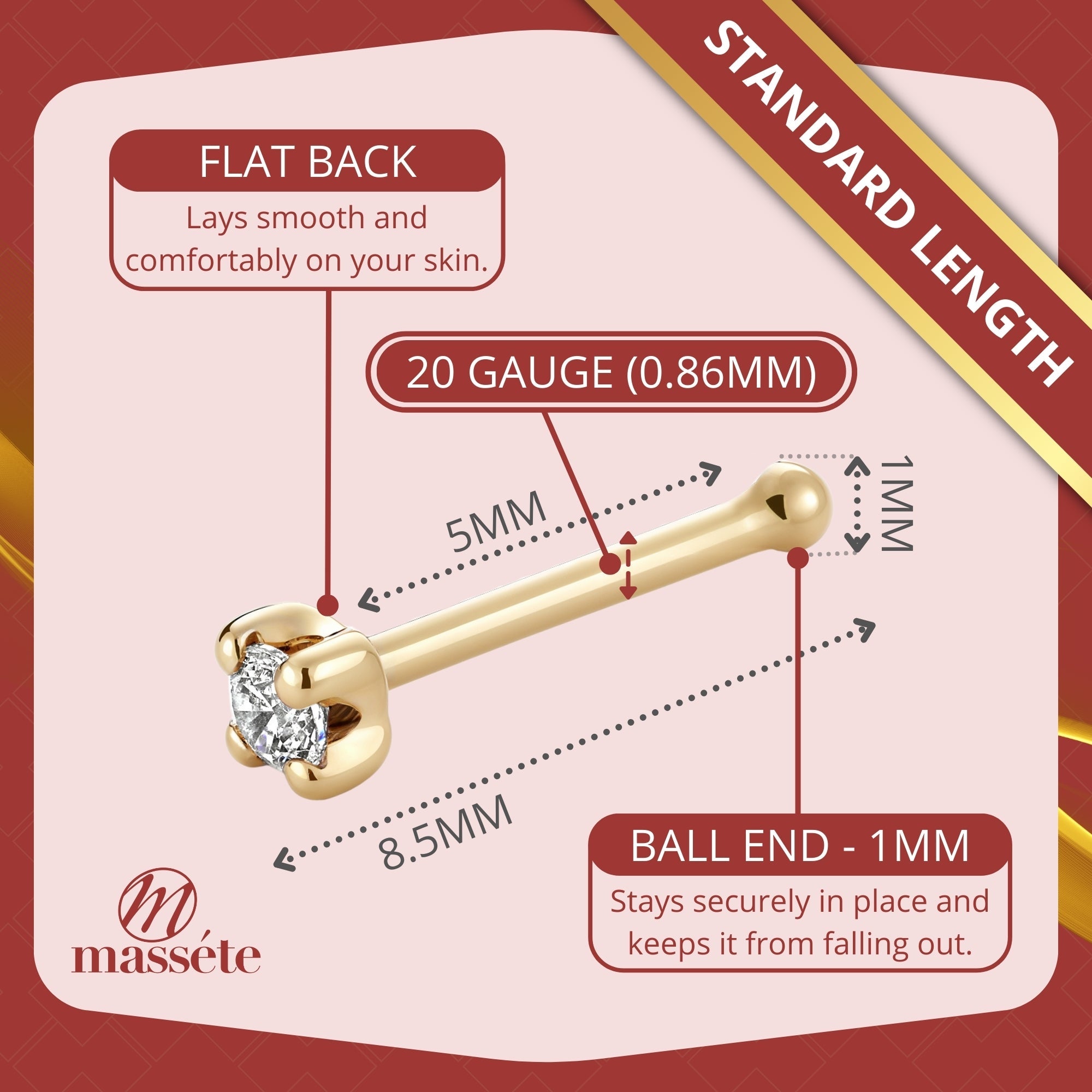 14k Yellow Gold Nose Stud with Simulated Diamond Brilliant CZ 20g - Hypoallergenic Threadless Body Piercing Jewelry