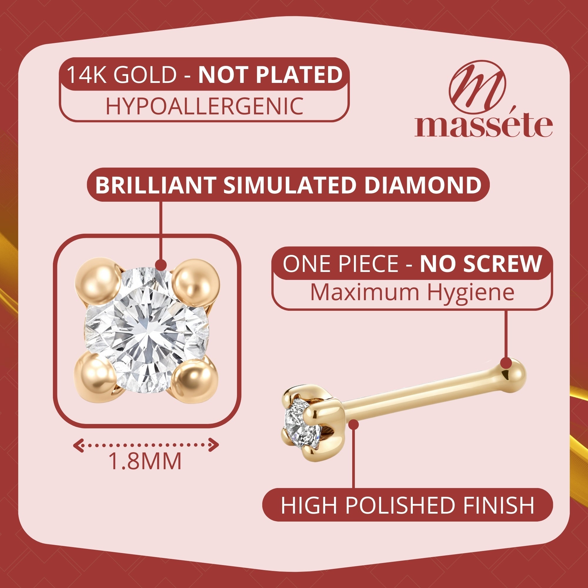 14k Yellow Gold Nose Stud with Simulated Diamond Brilliant CZ 20g - Hypoallergenic Threadless Body Piercing Jewelry