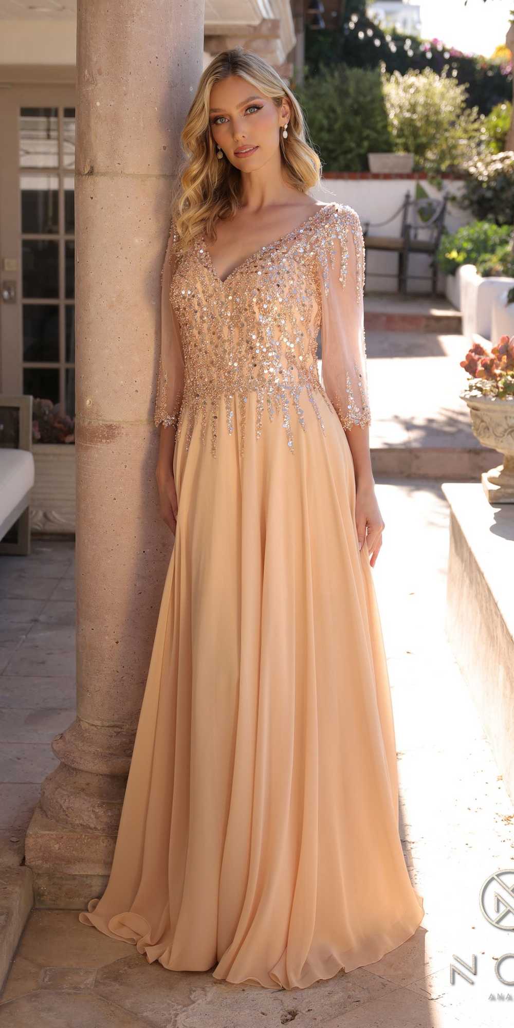 Nox Anabel MF100 Long Sequin Bodice 3/4 Sleeve A-line Gown