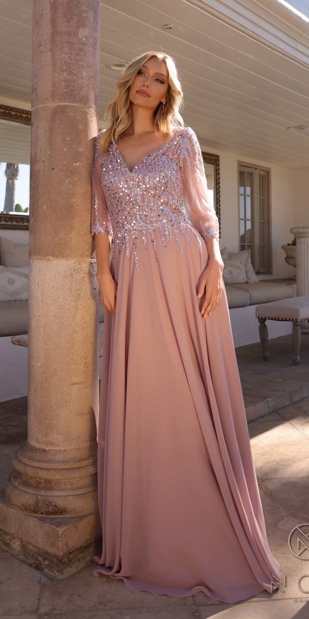 Nox Anabel MF100 Long Sequin Bodice 3/4 Sleeve A-line Gown