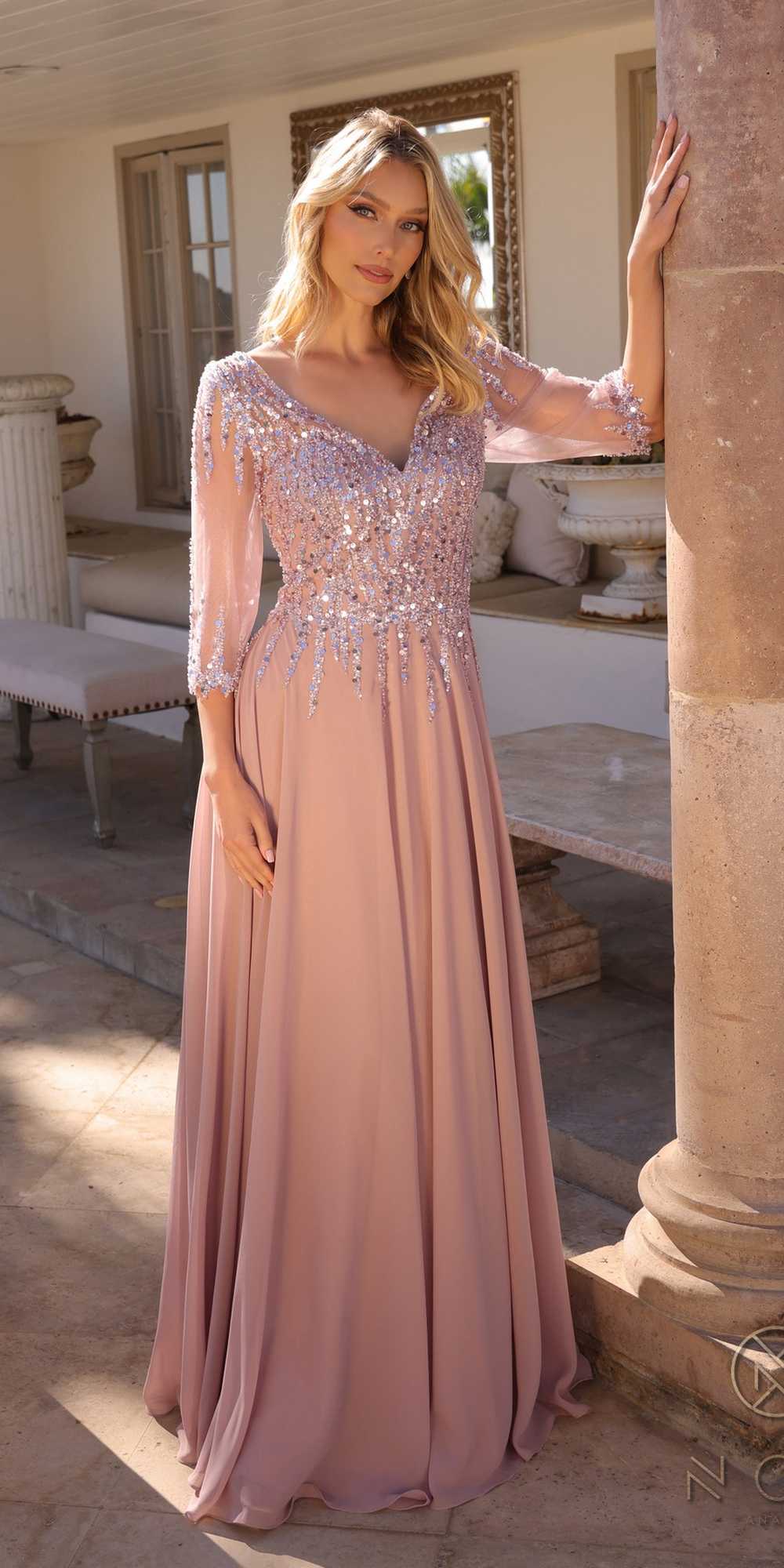 Nox Anabel MF100 Long Sequin Bodice 3/4 Sleeve A-line Gown