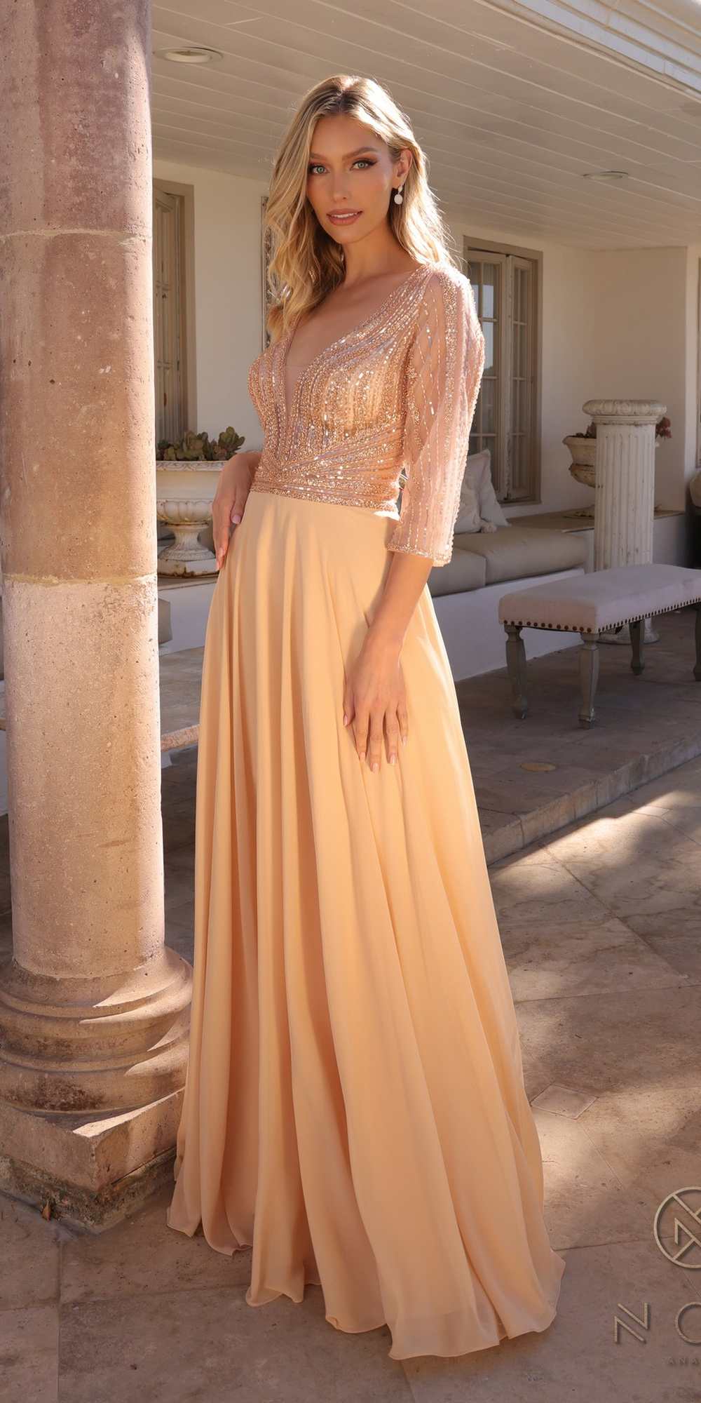 Nox Anabel MF101 Long V-Neck Embellished Bodice 3/4 Sleeve A-line Gown