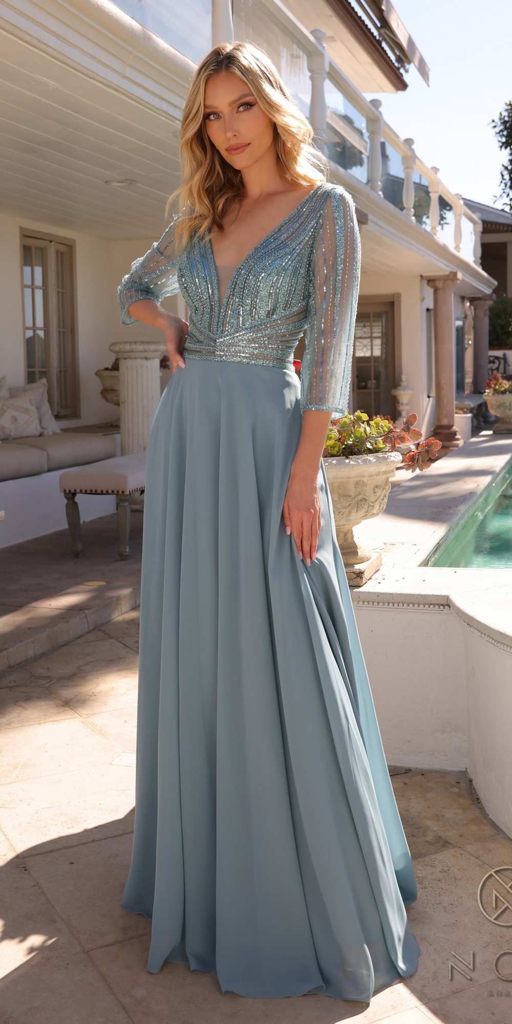 Nox Anabel MF101 Long V-Neck Embellished Bodice 3/4 Sleeve A-line Gown