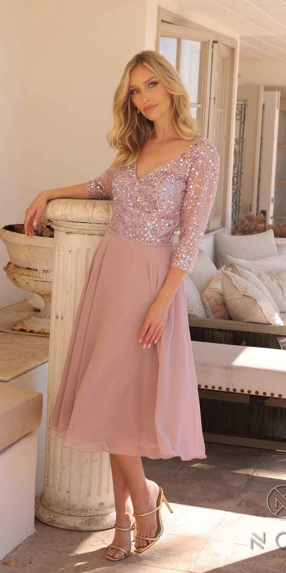 Nox Anabel MF104 Tea Length Sequin Bodice Short 3/4 Sleeve Dress