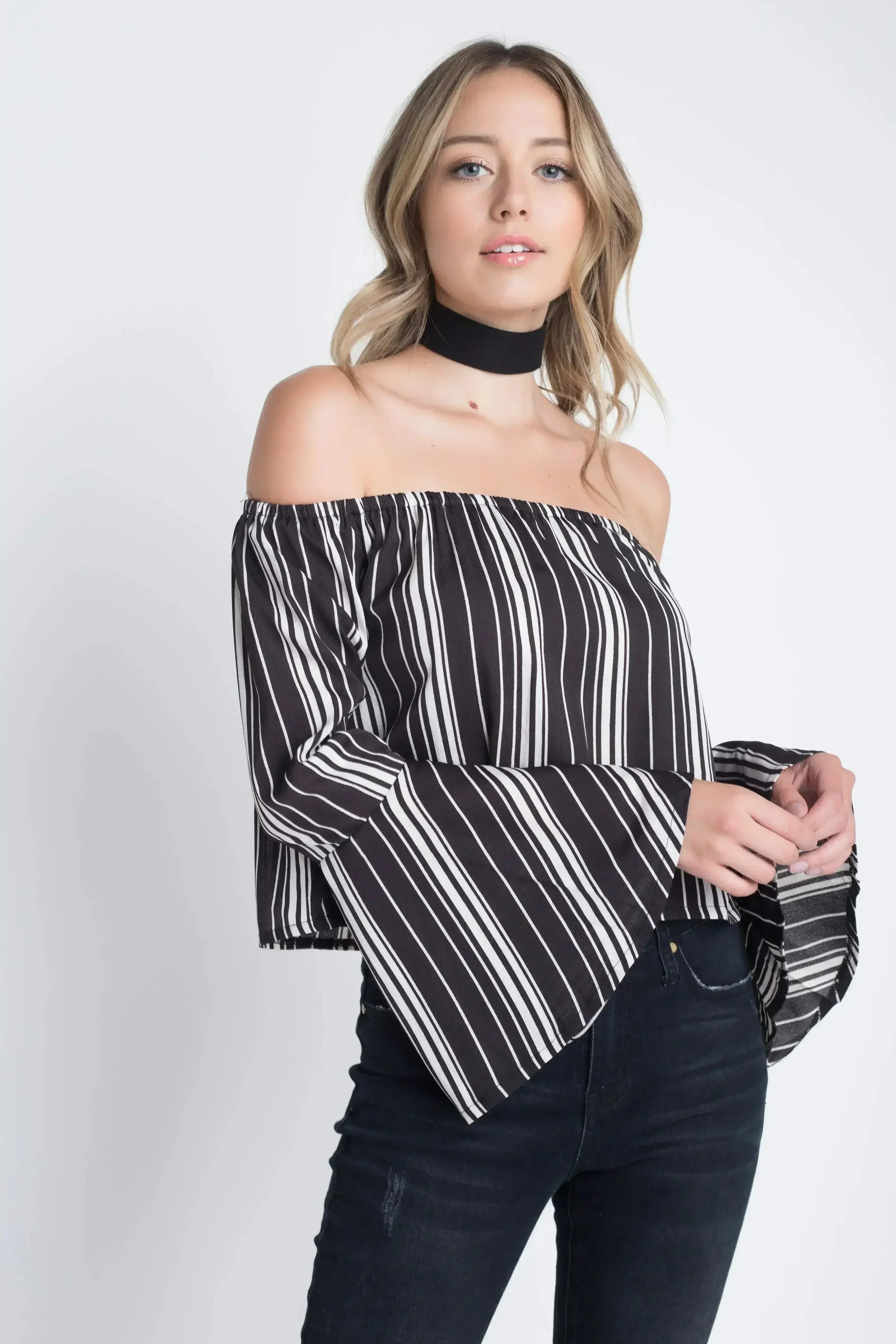 Women's Off Shoulder Casual Stripe Bell Sleeve Top