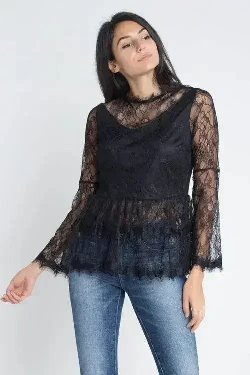 Women's Semi Lace Zipper Back Flare Sleeve Blouse | Femstylo