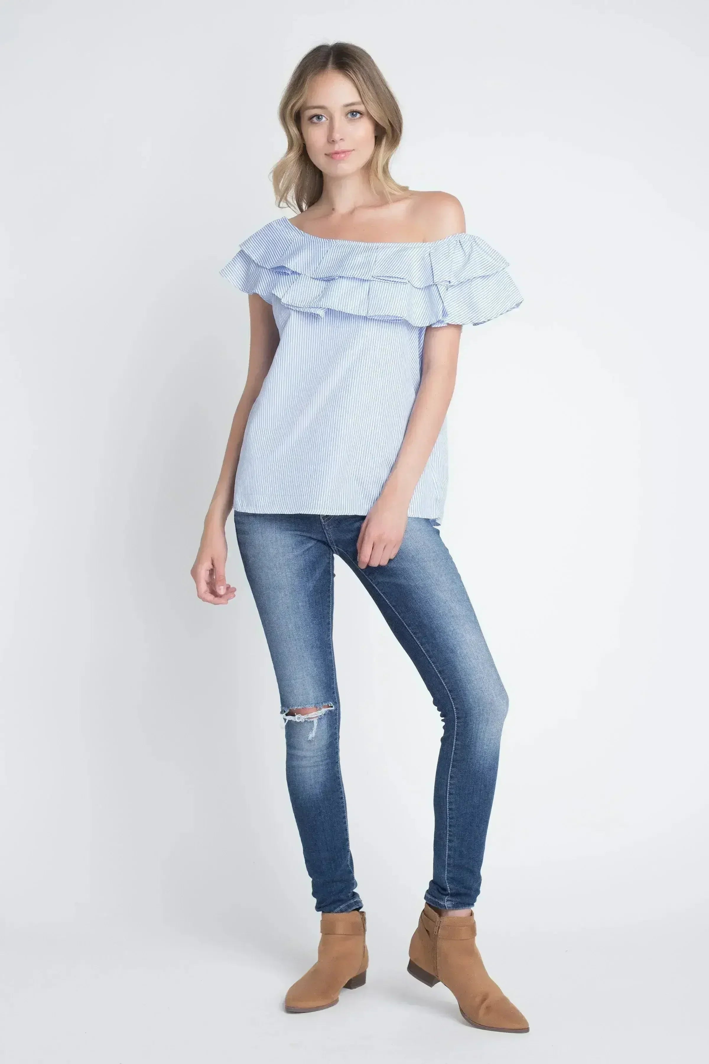 Women's Striped Off Shoulder Ruffle Stripe Blouse | Femstylo