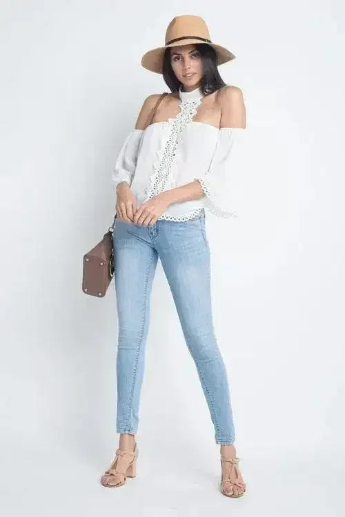 Women's High Neck Long Sleeve Crochet Top