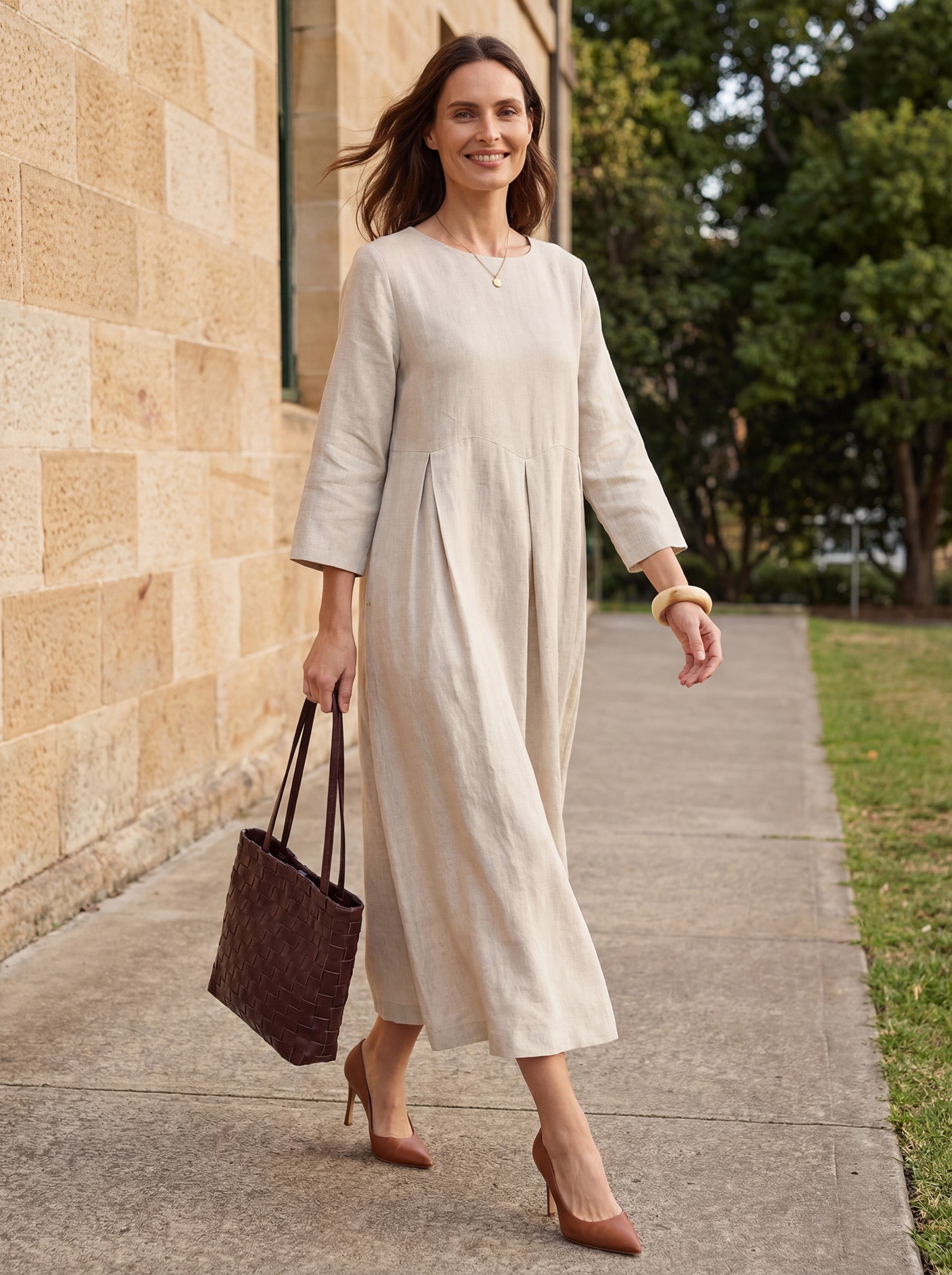100% Linen Bateau Neck Pleated Midi Dress ABIGAIL