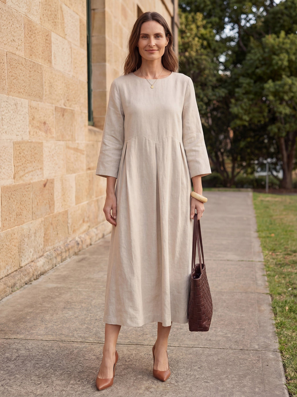 100% Linen Bateau Neck Pleated Midi Dress ABIGAIL