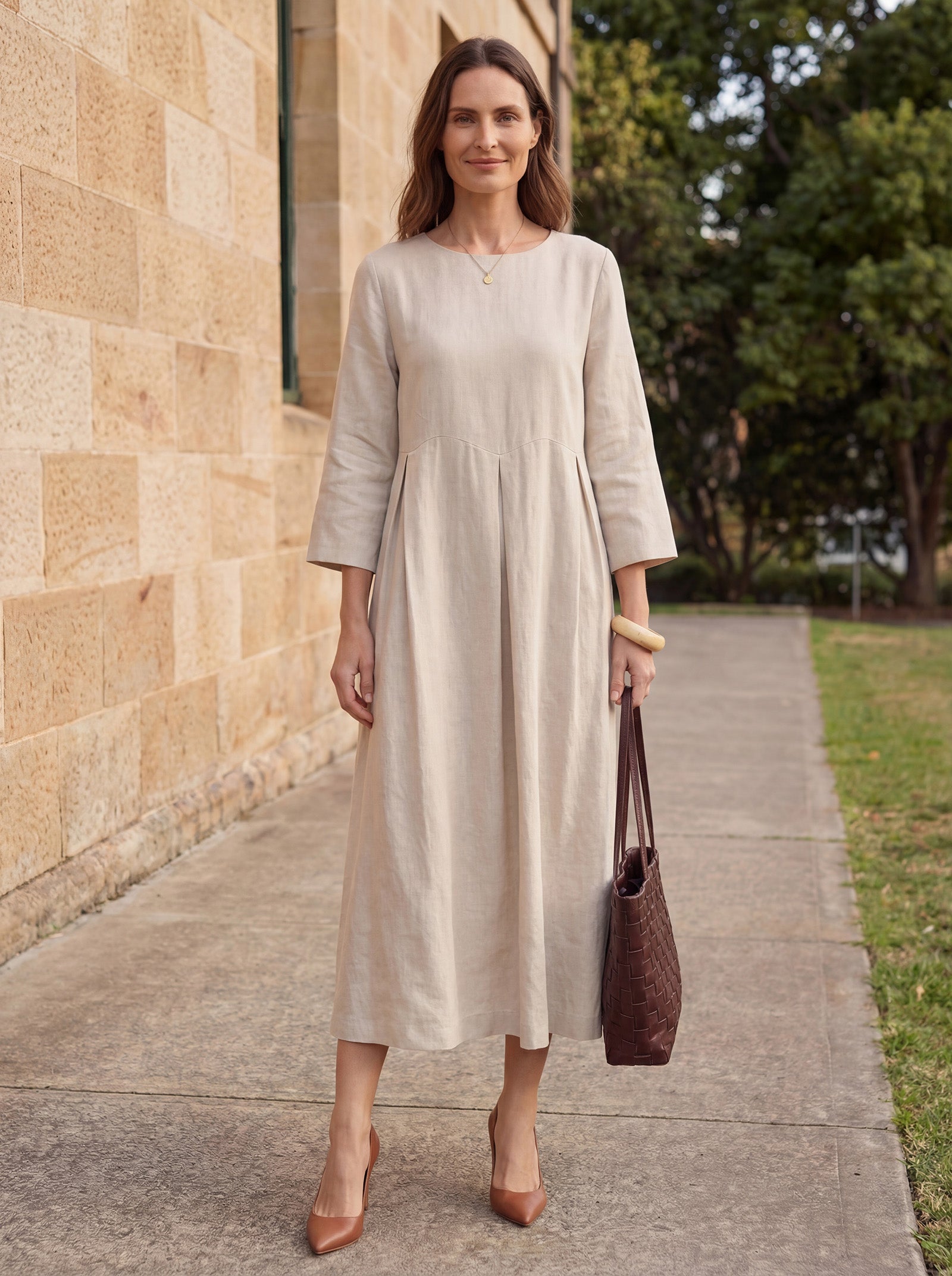 100% Linen Bateau Neck Pleated Midi Dress ABIGAIL