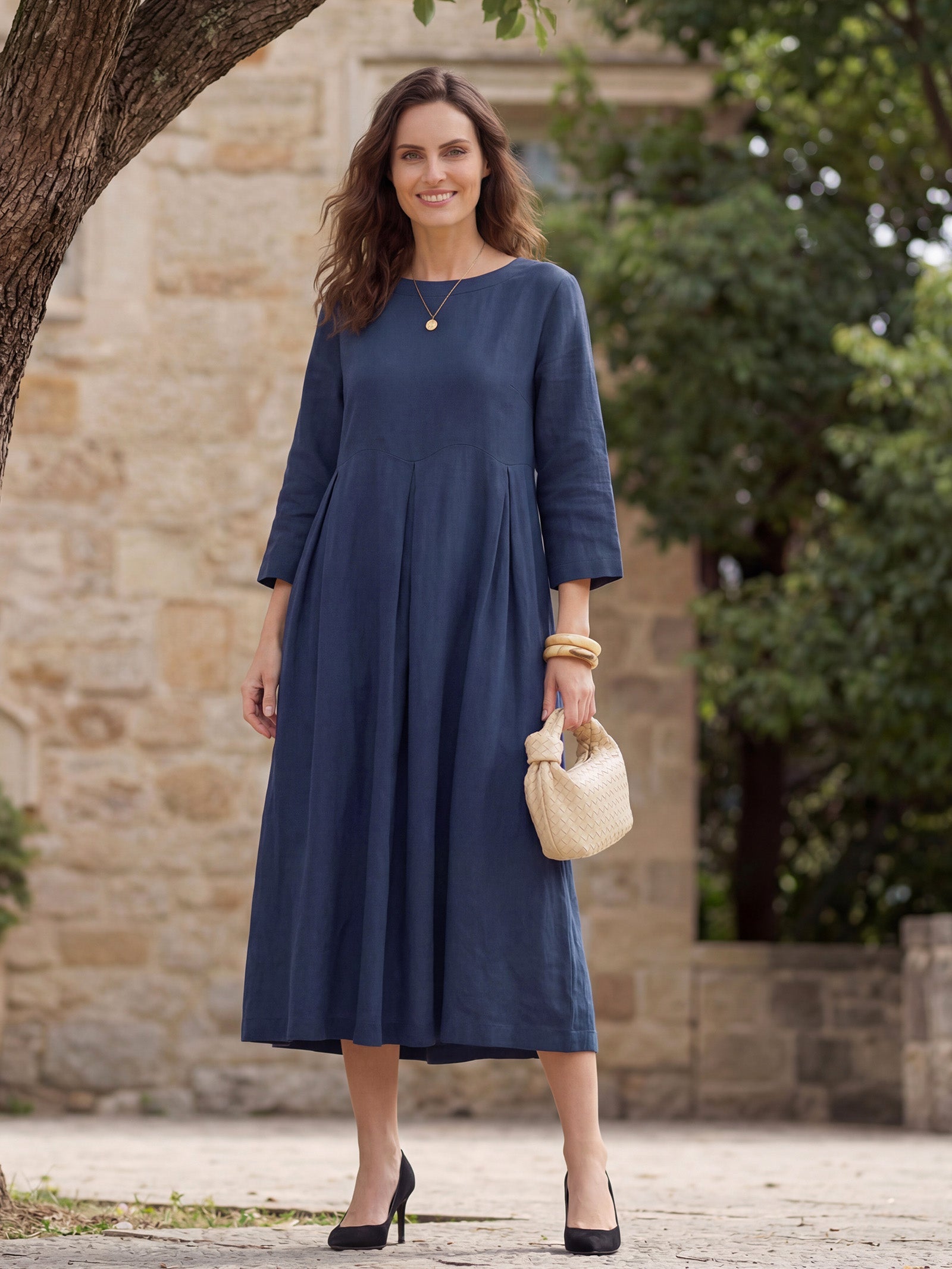 100% Linen Bateau Neck Pleated Midi Dress ABIGAIL