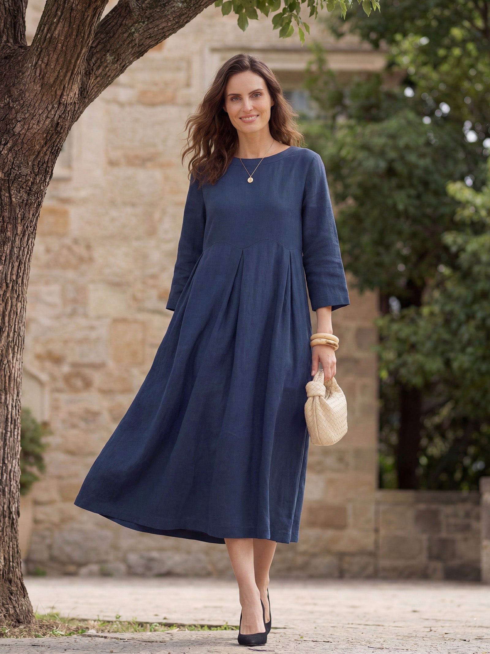 100% Linen Bateau Neck Pleated Midi Dress ABIGAIL