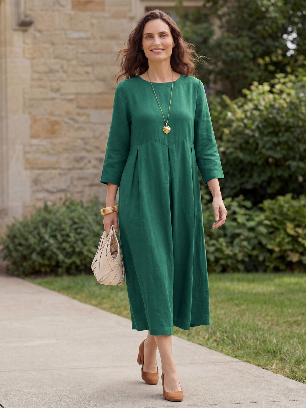 100% Linen Bateau Neck Pleated Midi Dress ABIGAIL