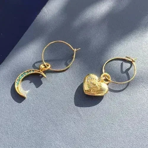Crystal Moon Earrings | Turquoise Moon & Heart Charm Hoops - Femstylo