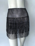 Sexy Rhinestones Skirt Sexy Tassel Dress Music Festival Party A line Skirt Fishnet Skirt Women