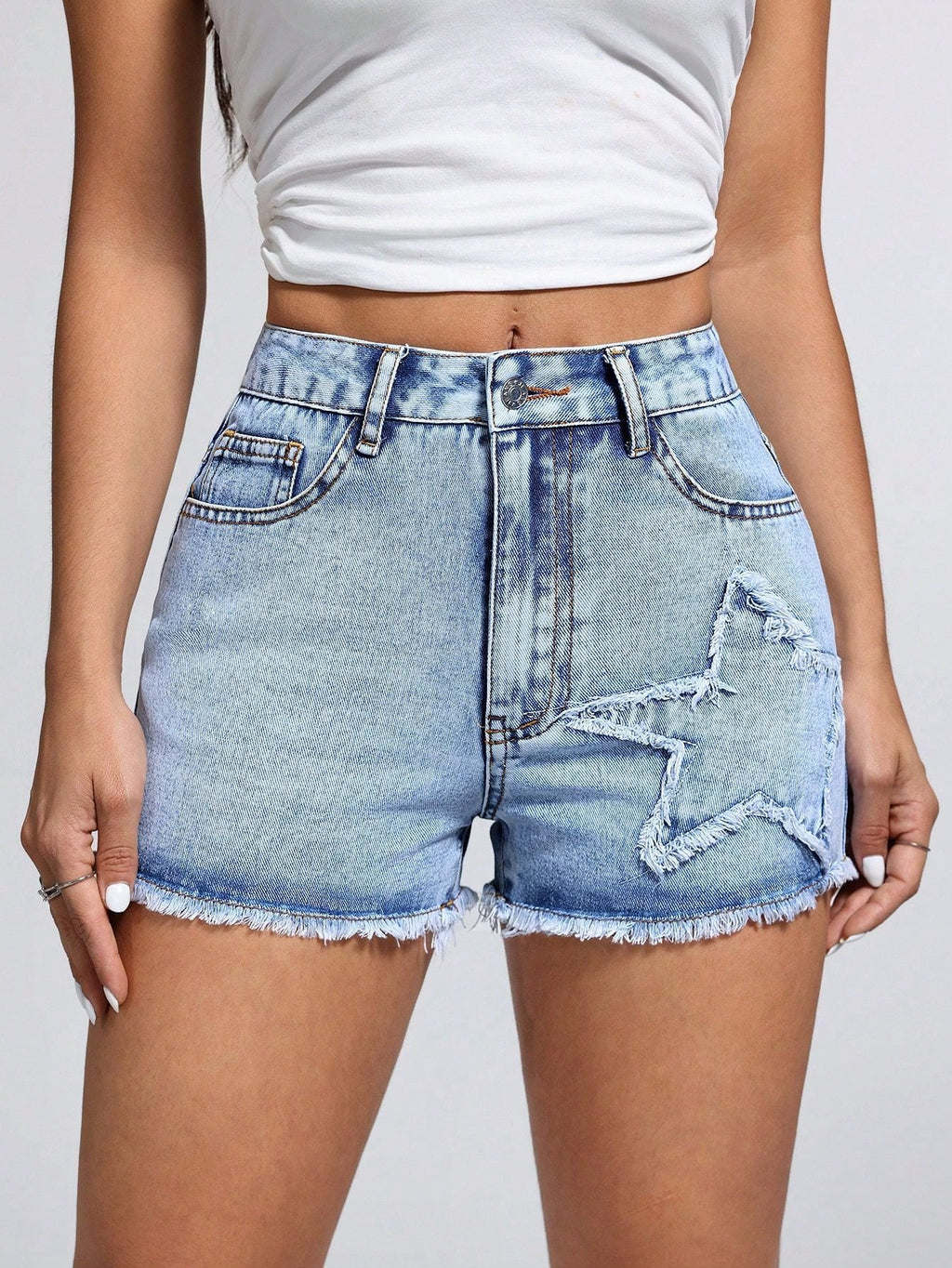 Women Clothing Casual Fashionable Frayed Hem Denim Short
