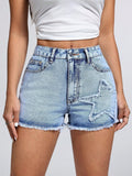 Women Clothing Casual Fashionable Frayed Hem Denim Short