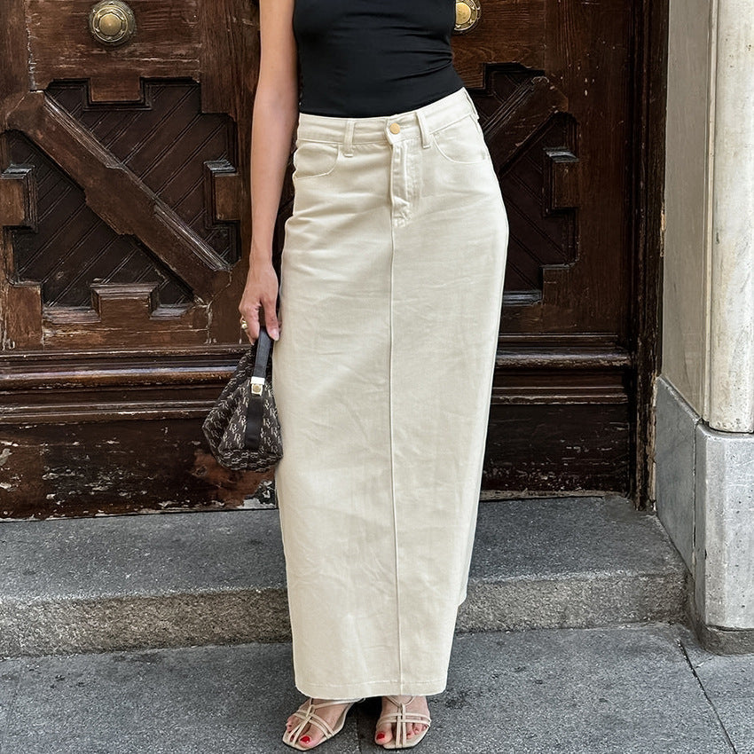 Autumn Winter Russian Elegant Beige Slim Fit Slimming High Waist Elegant Pocket Split Skirt Women