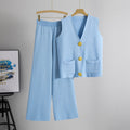Summer Gold Button V neck Knitted Vest Casual Trousers Knitting Two Piece Sets