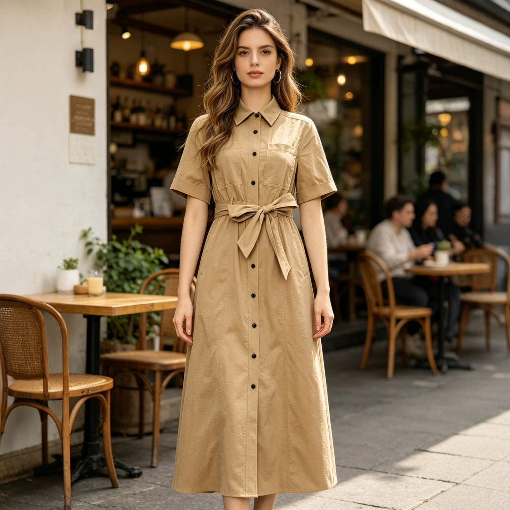 Women Short Sleeve Collared Waistband Breasted Decorative Khaki Shirt Dress