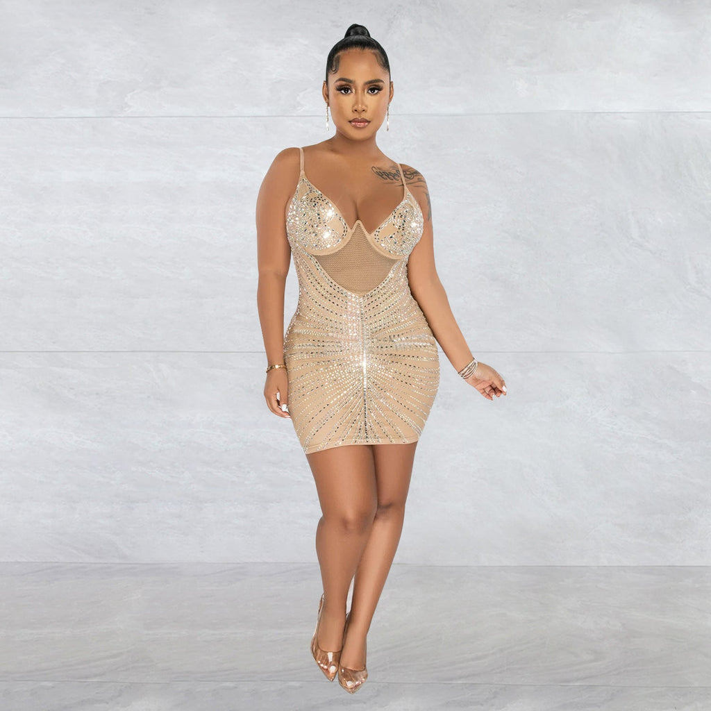 Women Wear Rhinestone Mesh Camisole Sleeveless Dress
