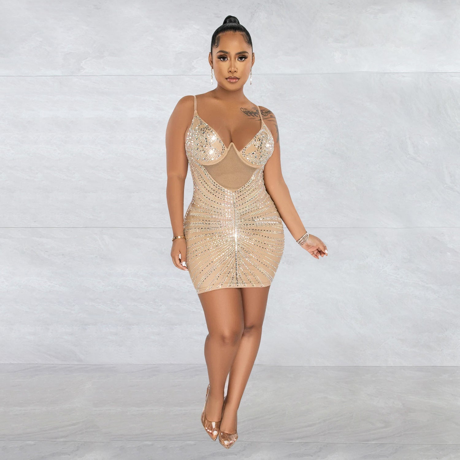 Women Wear Rhinestone Mesh Camisole Sleeveless Dress